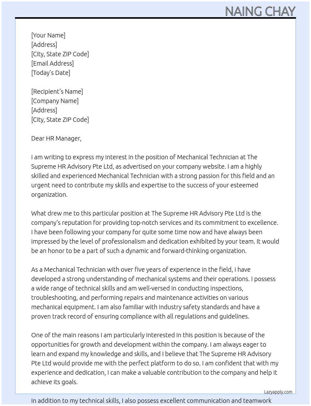 mechanical technician At The Supreme HR Advisory Pte Ltd Cover Letter