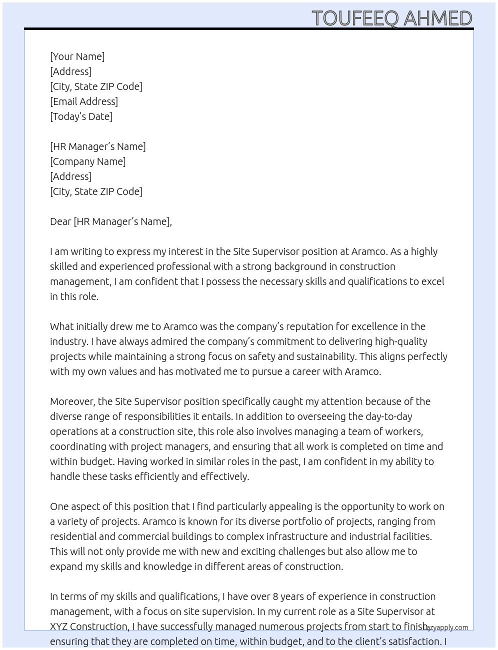 Site Supervisor At aramco Cover Letter