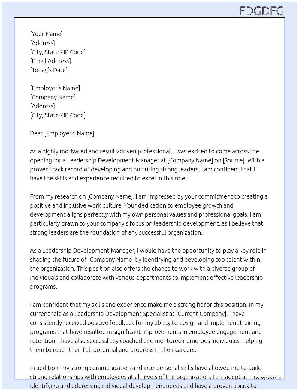 Leadership Development Manager At dfgdfg Cover Letter