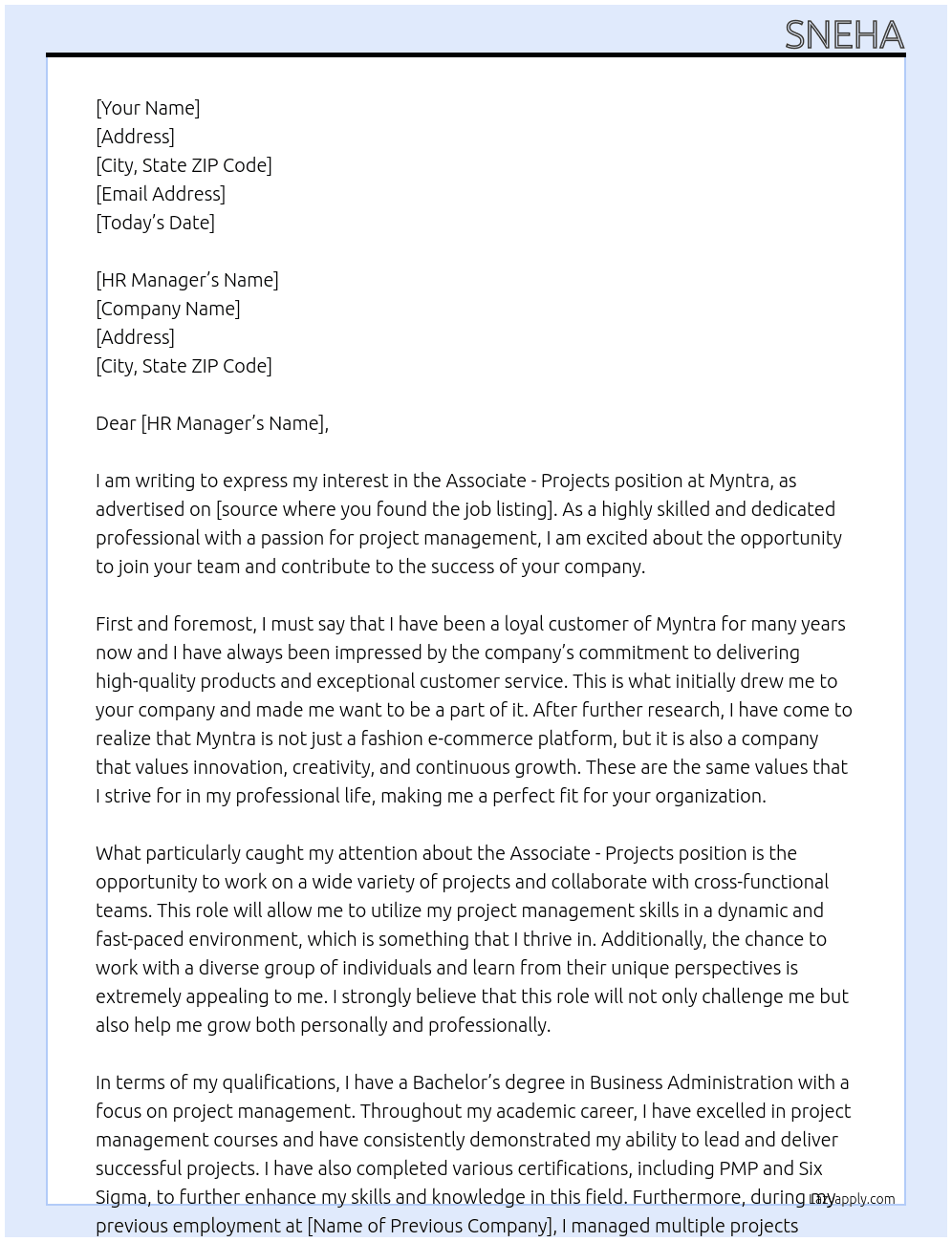Cover letter for associate - projects - LazyApply