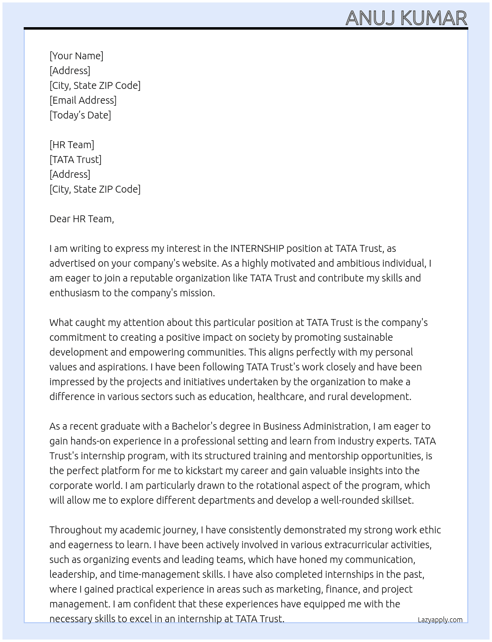 INTERNSHIP At TATA TURST Cover Letter