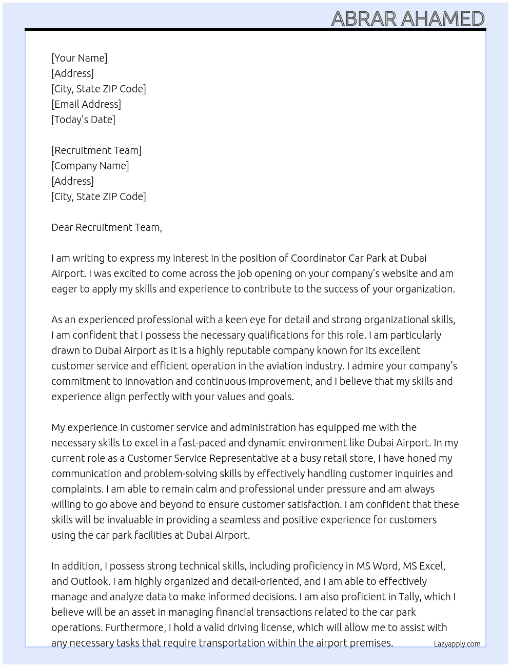 Coordinator Car Park  At Dubai Airpoort Cover Letter