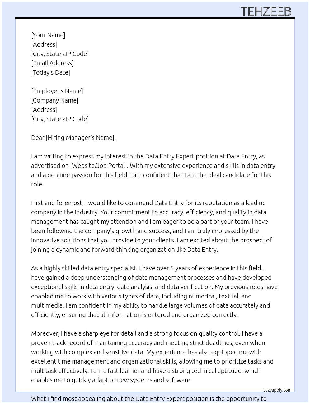 Data entry expert  At Data entry  Cover Letter