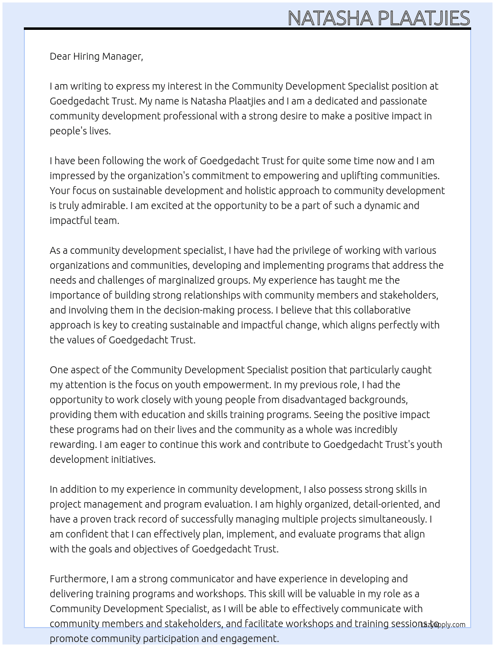 Community Development Specialist At Goedgedacht Trust Cover Letter
