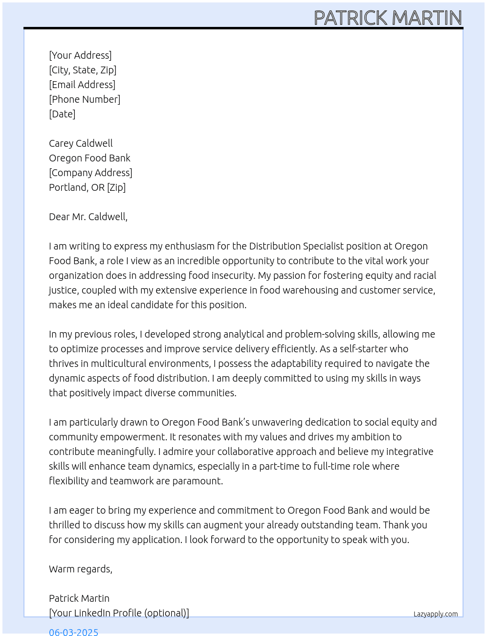 Distribution Specialist At Oregon Food Bank Cover Letter