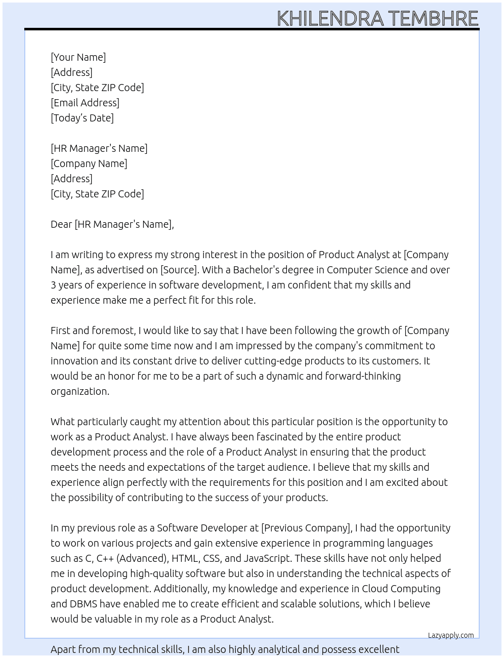 Product Analyst  At Khilendra Tembhre Cover Letter