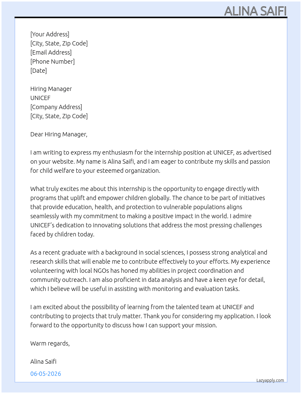 intern At unicef Cover Letter