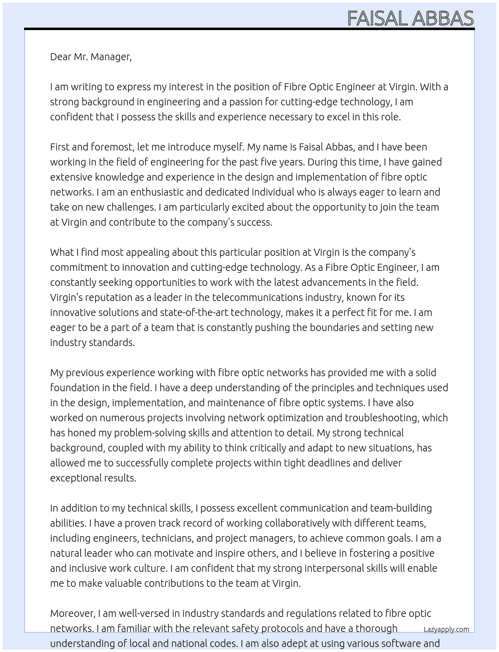 FIBRE OPTICE ENGINEER At VIRGIN Cover Letter