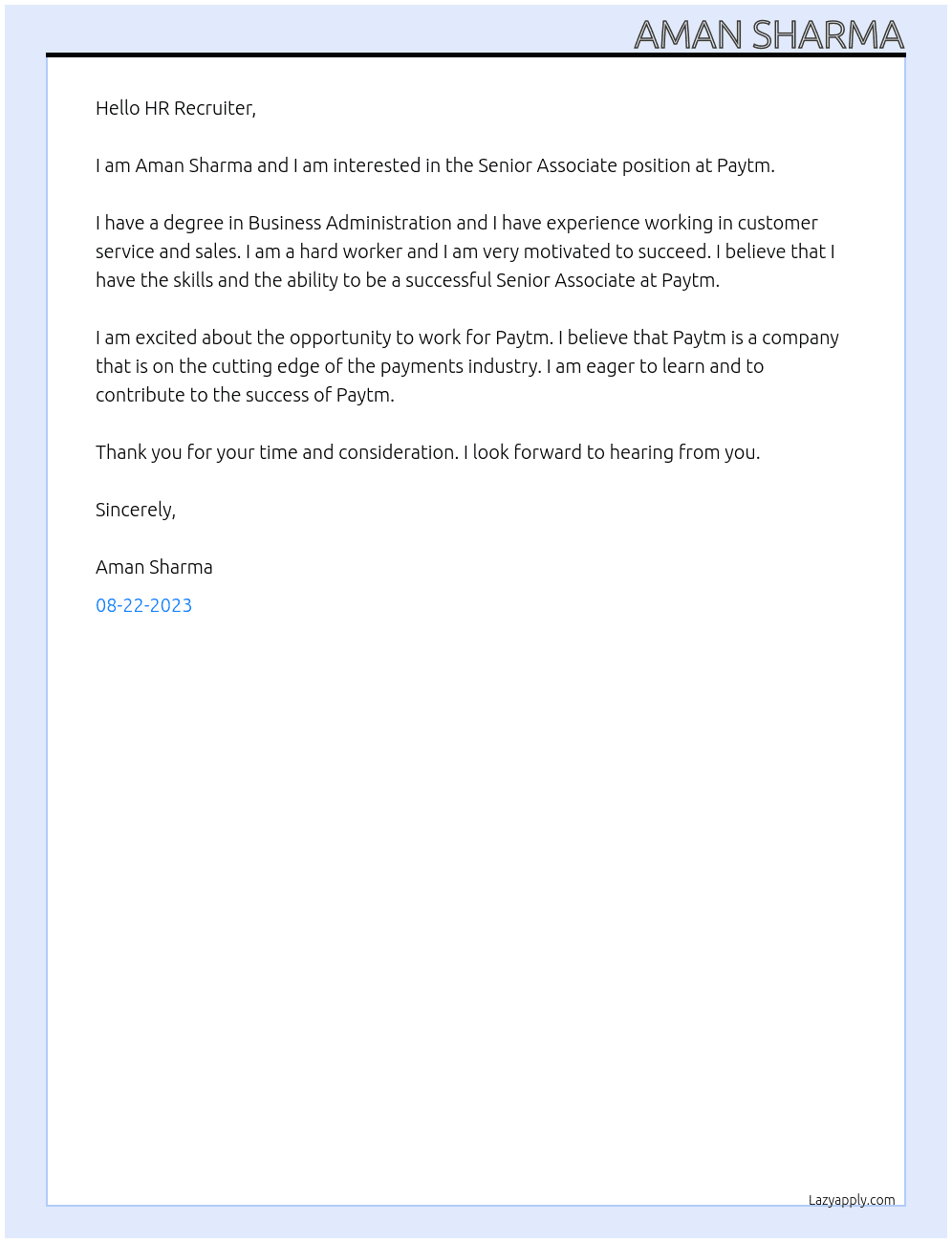 Senior Associate  At Paytm Cover Letter