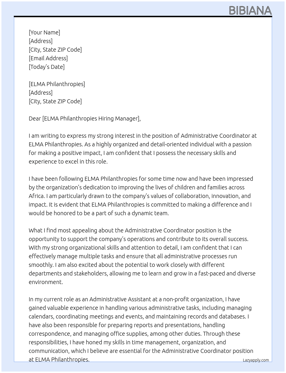 Administrative Coordinator At ELMA Philanthropies Cover Letter