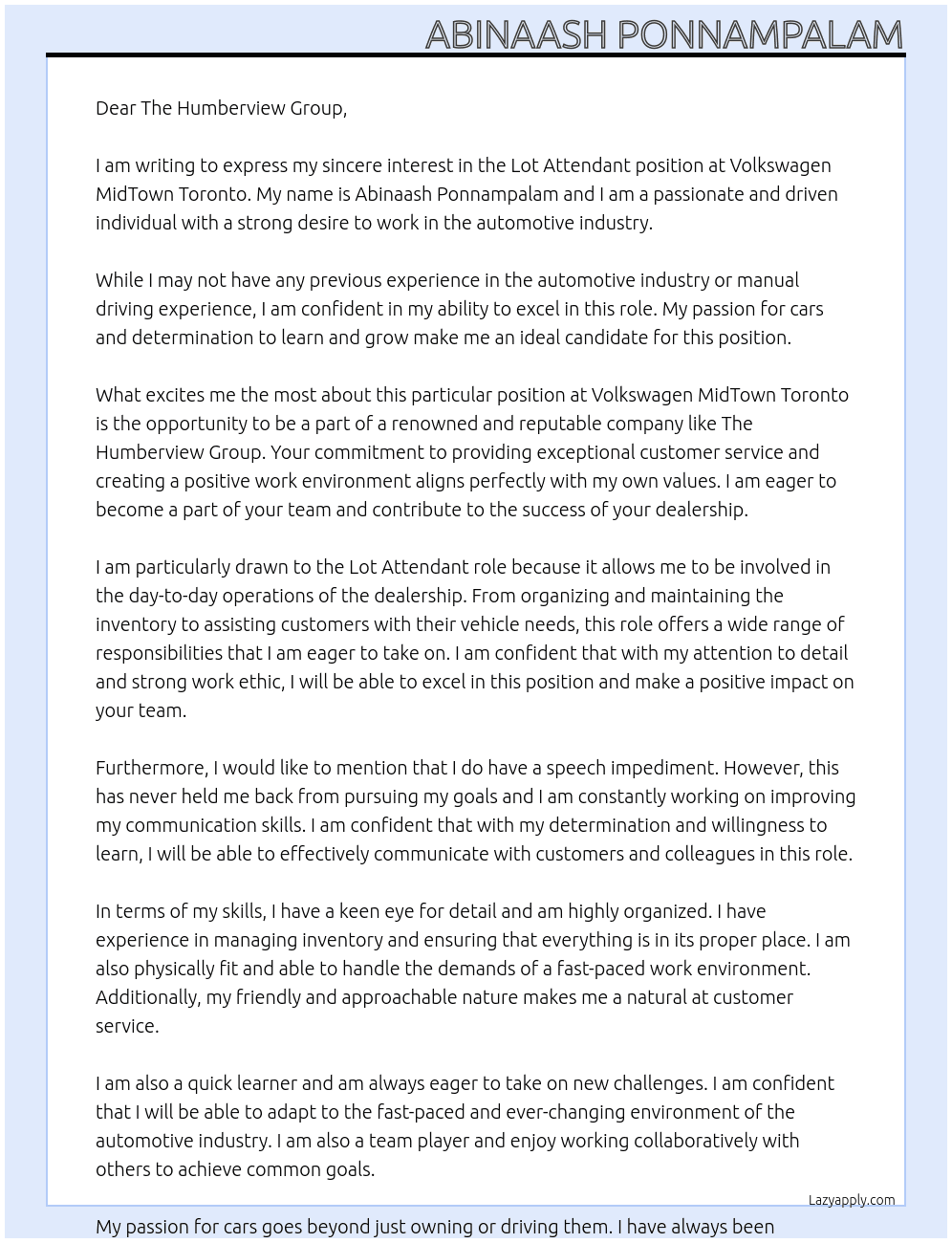 Lot Attendant with No Previous automotive experienceand No Manual Driving Experience and Have an Speech Impediment At Volkswagen MidTown Toronto  Cover Letter