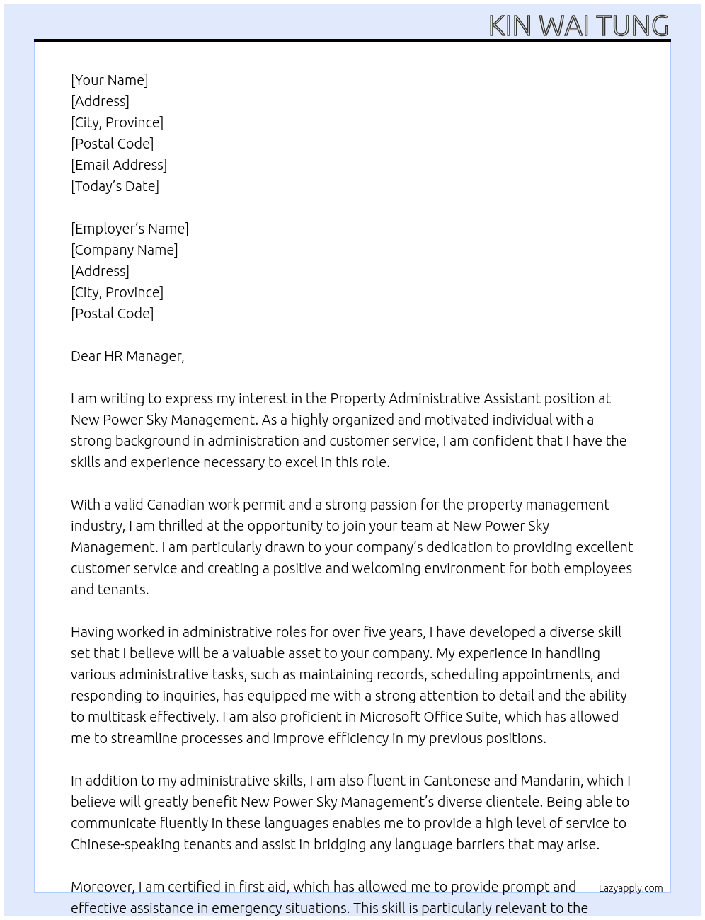 Property Administrative Assistant At New Power Sky Management Cover Letter