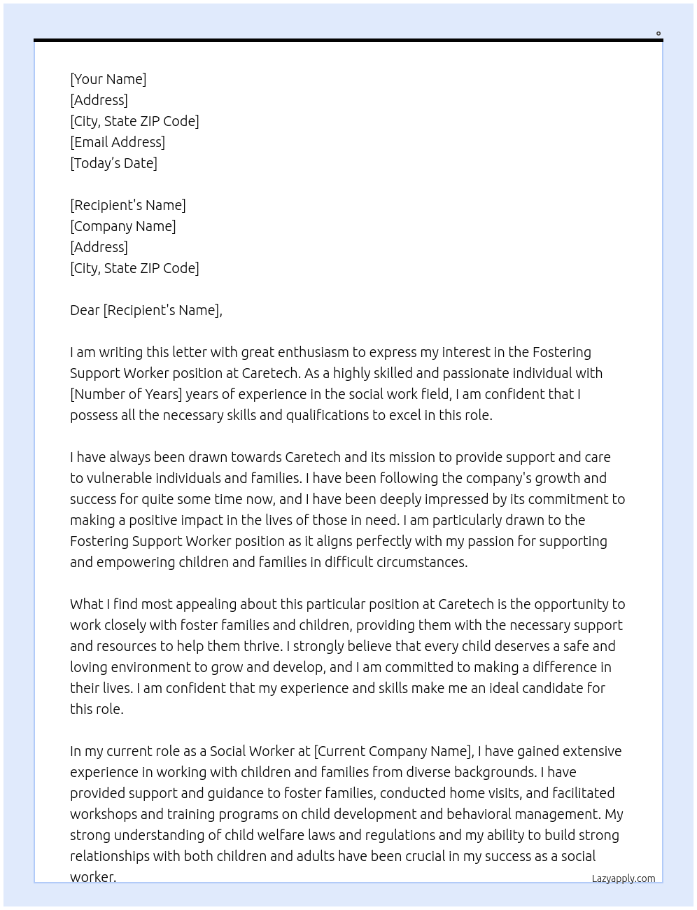 Fostering Support Worker At caretech Cover Letter