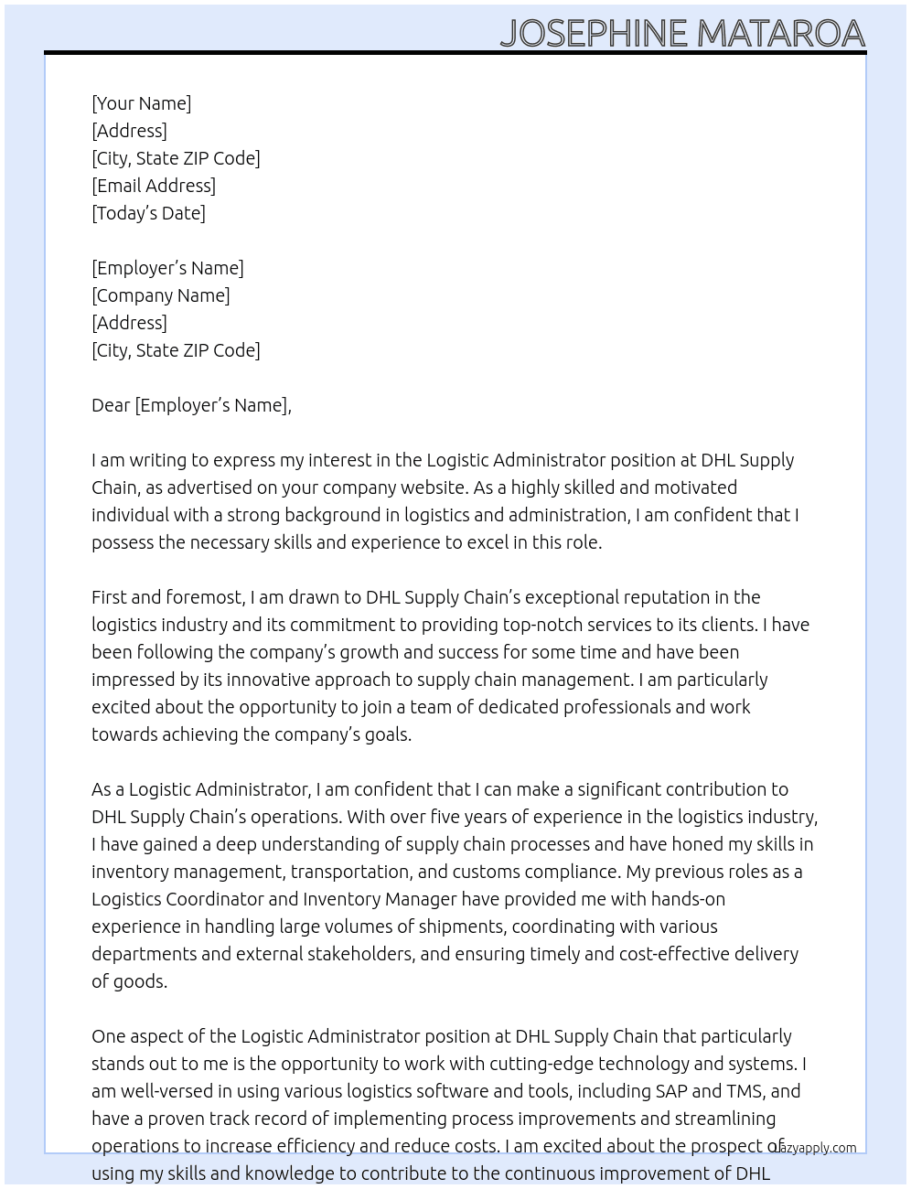 Logistic Administrator At DHL Supply Chain Cover Letter
