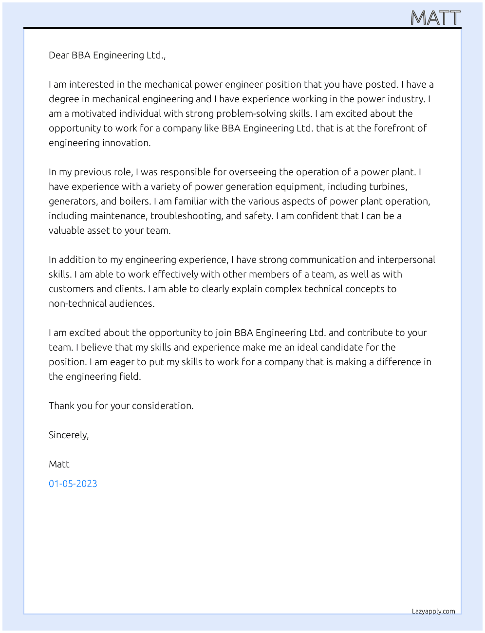 mechanical power engineer At BBA Engineering Ltd. Cover Letter