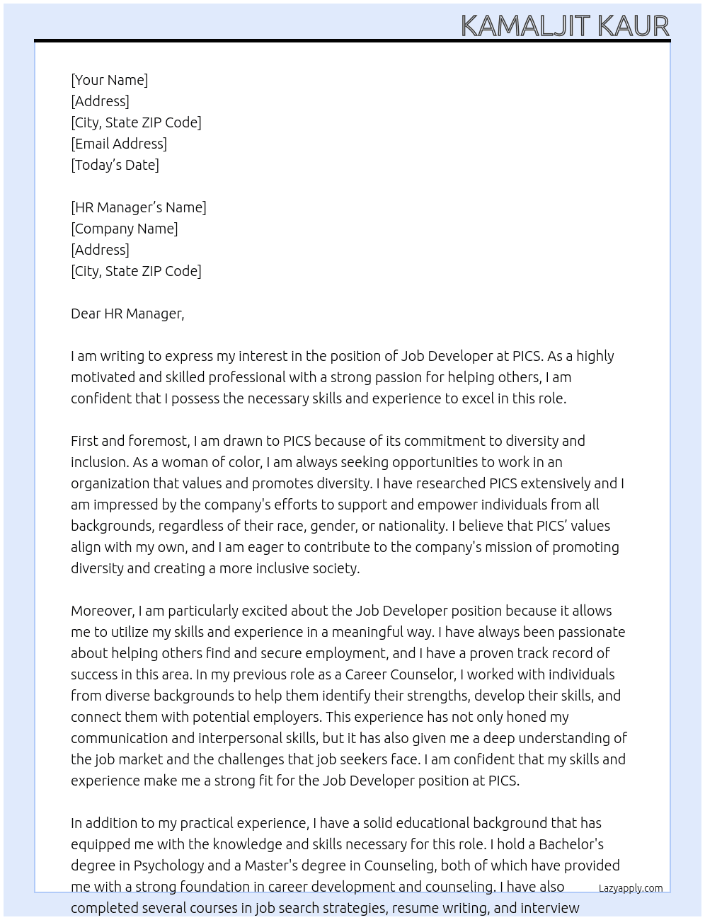 Job Developer At PICS Cover Letter