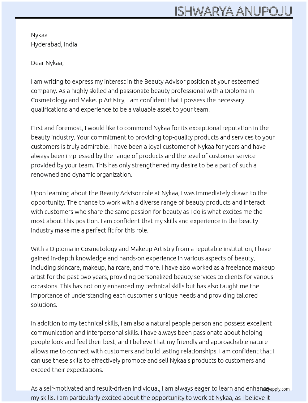 Beauty advisor At Nykaa Cover Letter