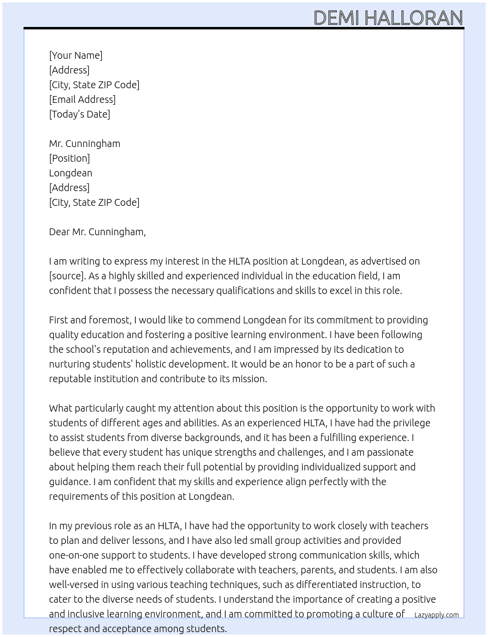HLTA At Longdean  Cover Letter