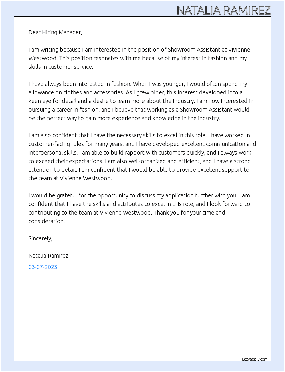 Showroom assistant At Vivienne Westwood Cover Letter