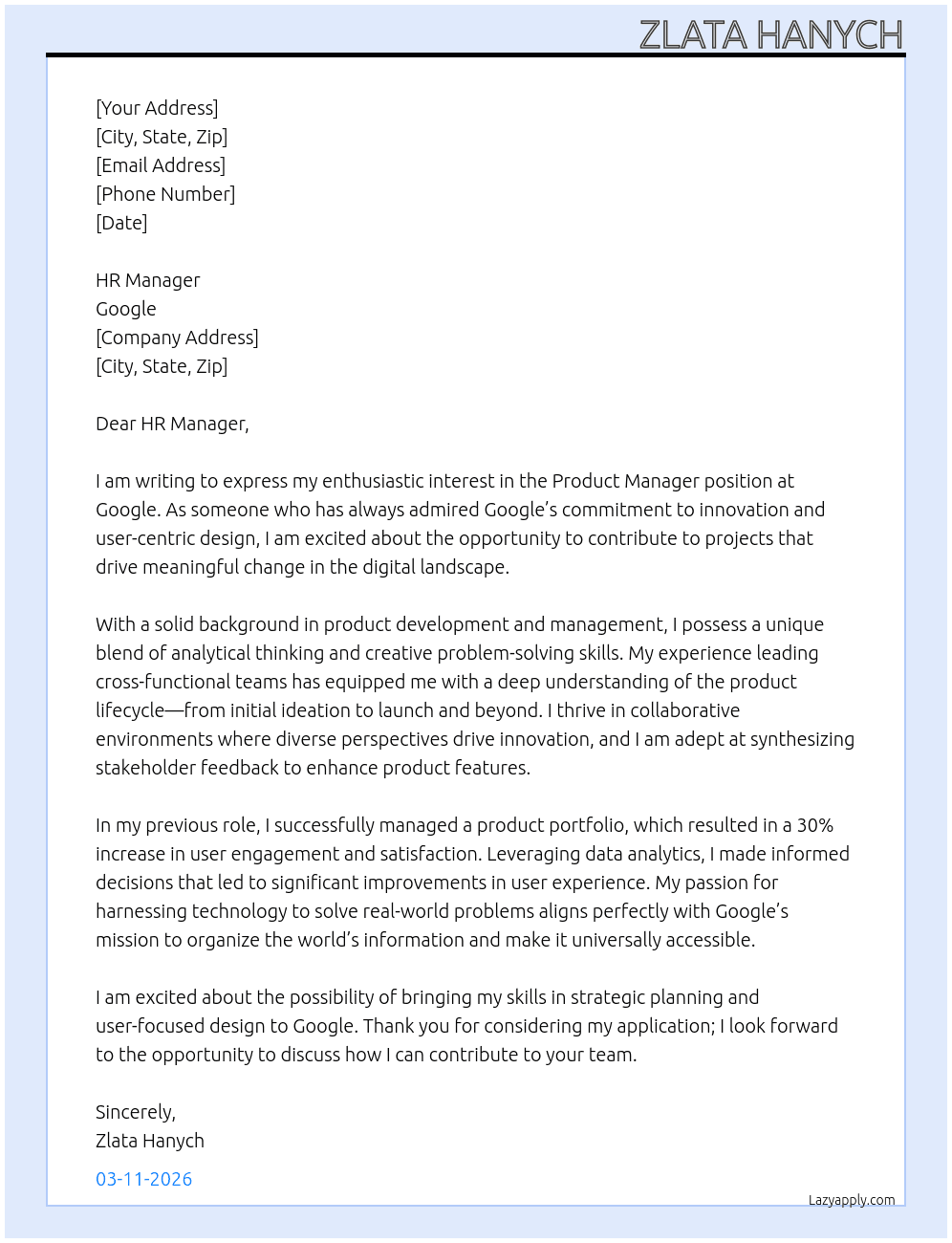 Cover letter for product manager - LazyApply