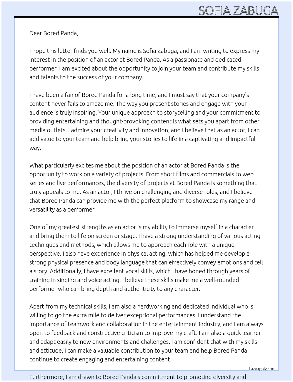 actor At Bored panda Cover Letter