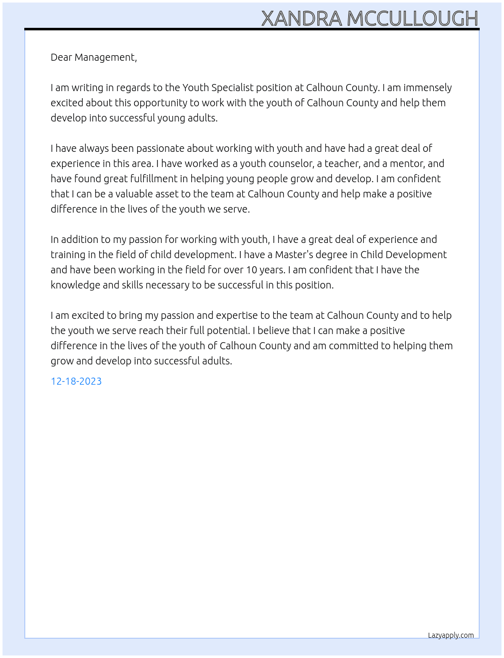 Youth Specialists  At Calhoun County  Cover Letter