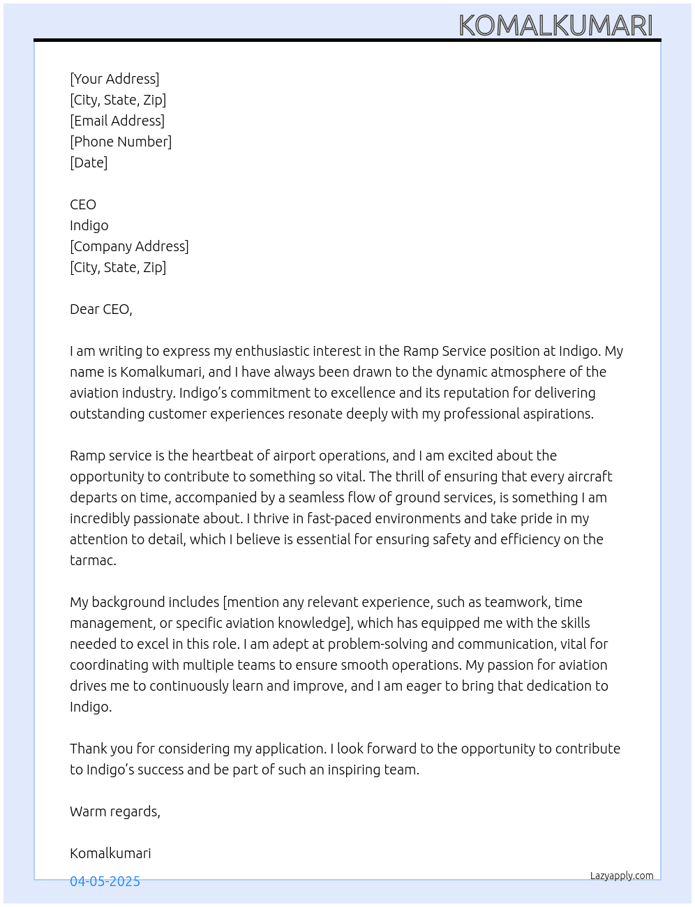 Cover letter for ramp service - LazyApply