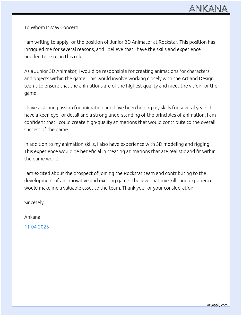 Junior 3d animator At Rockstar Cover Letter
