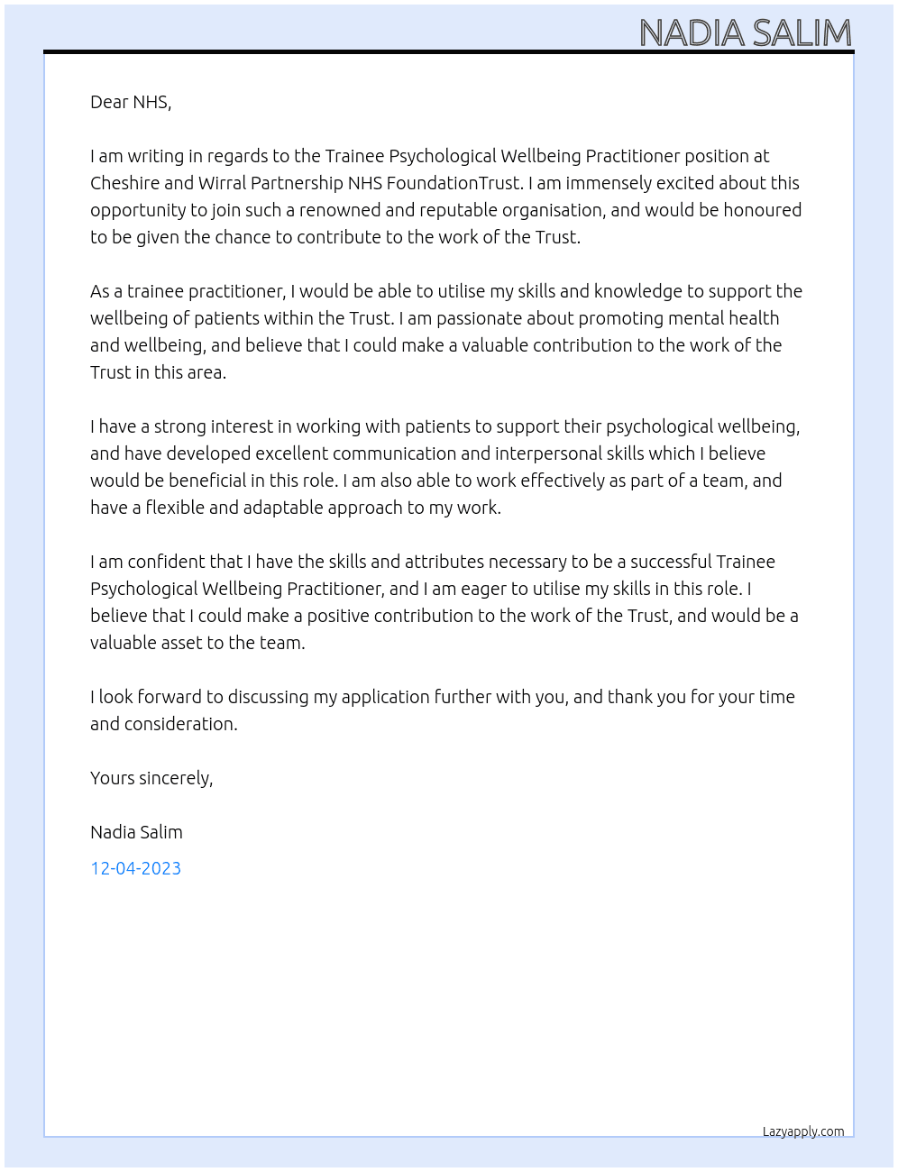 trainee psychological wellbeing practitioner At Cheshire and Wirral Partnership NHS FoundationTrust Cover Letter