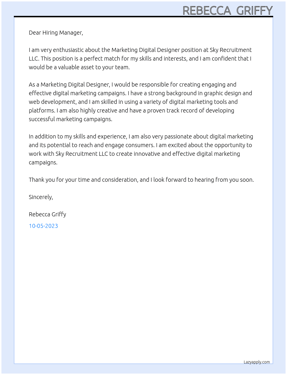 Marketing Digital Designer  At Sky Recruitment LLC Cover Letter