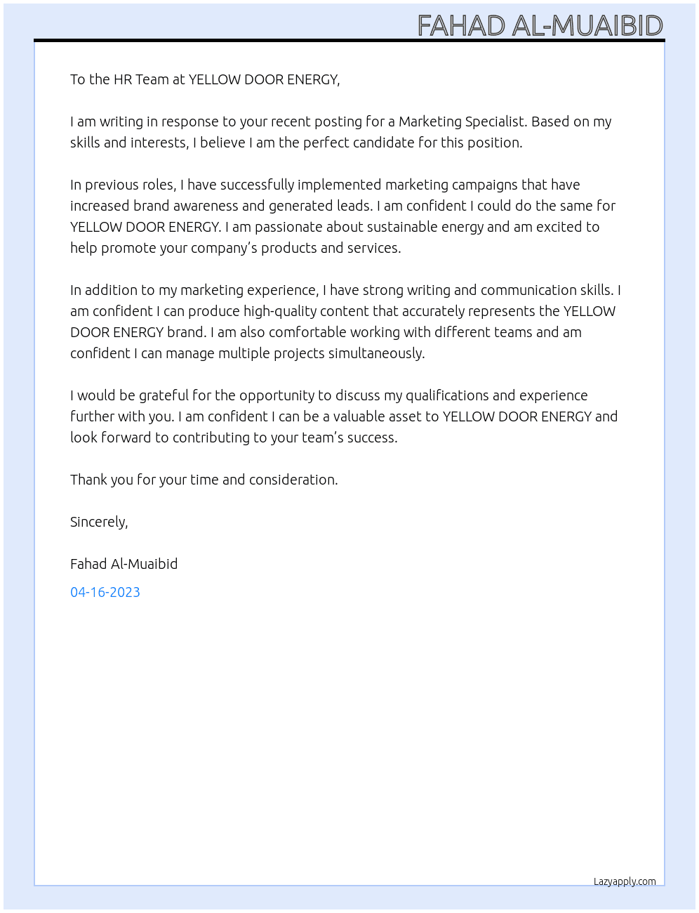 Marketing Specialist  At YELLOW DOOR ENERGY Cover Letter