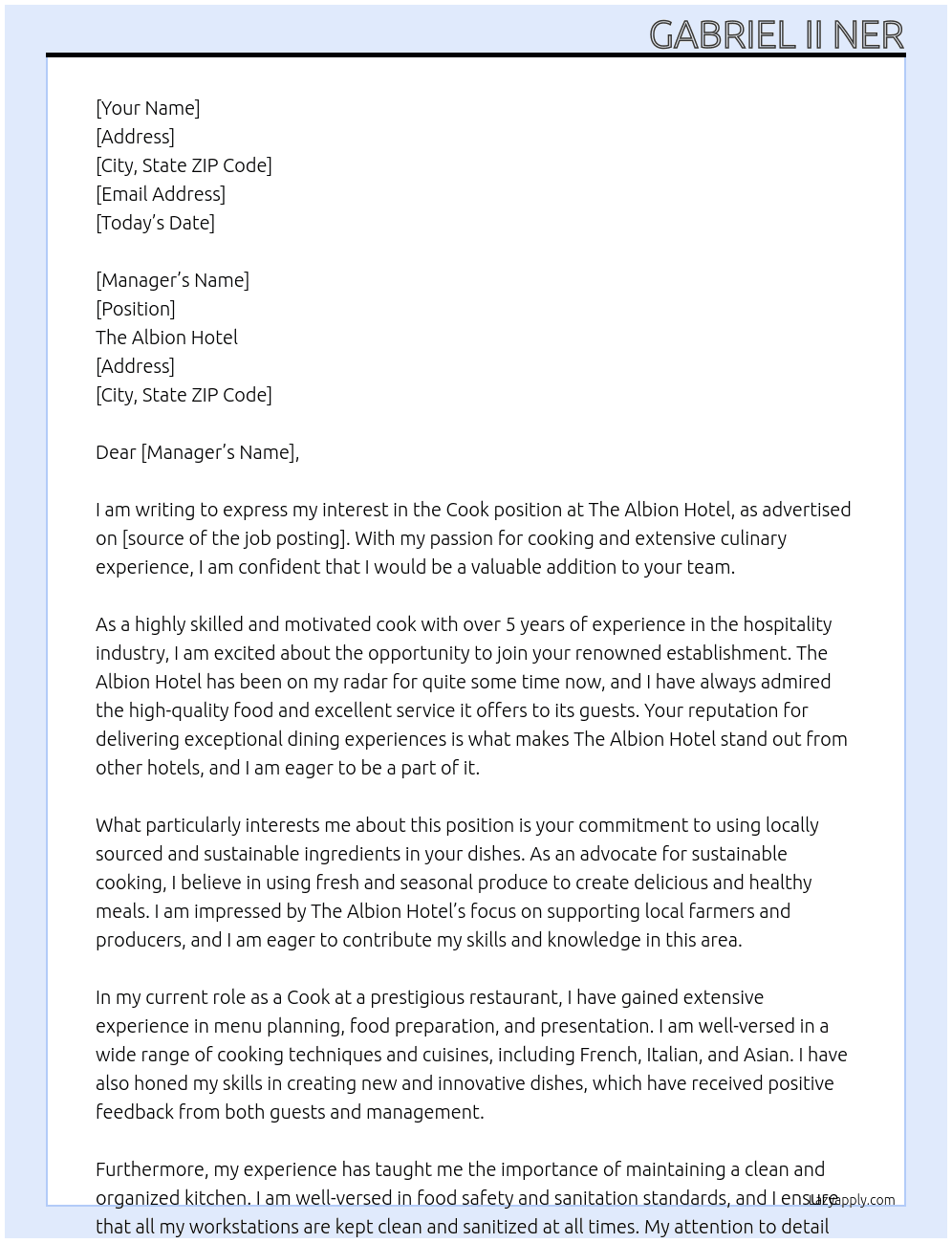 Cook At The Albion Hotel Cover Letter