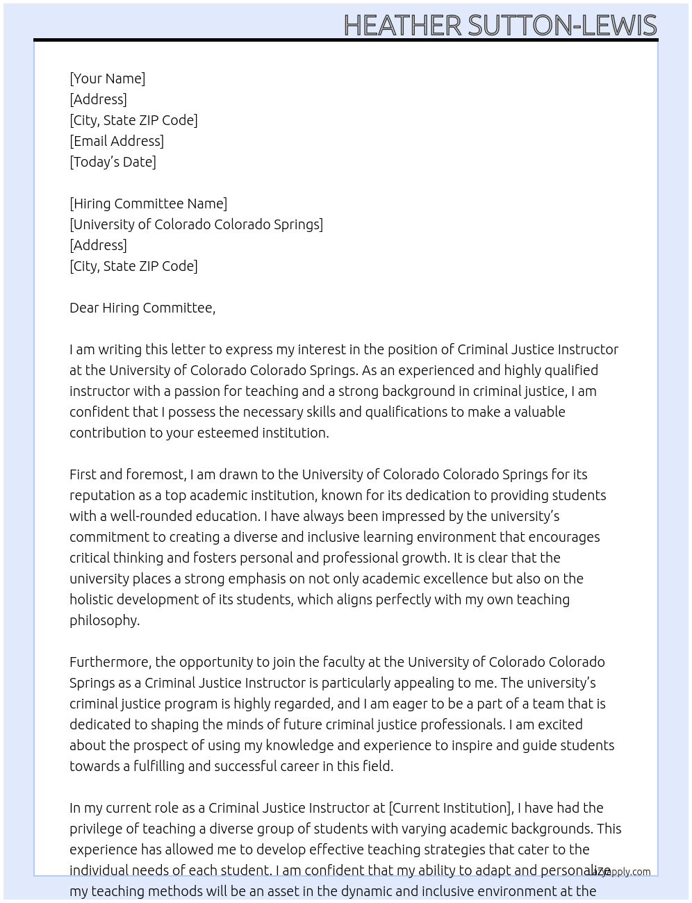 Criminal Justice Instructor At University of Colorado Colorado Springs Cover Letter