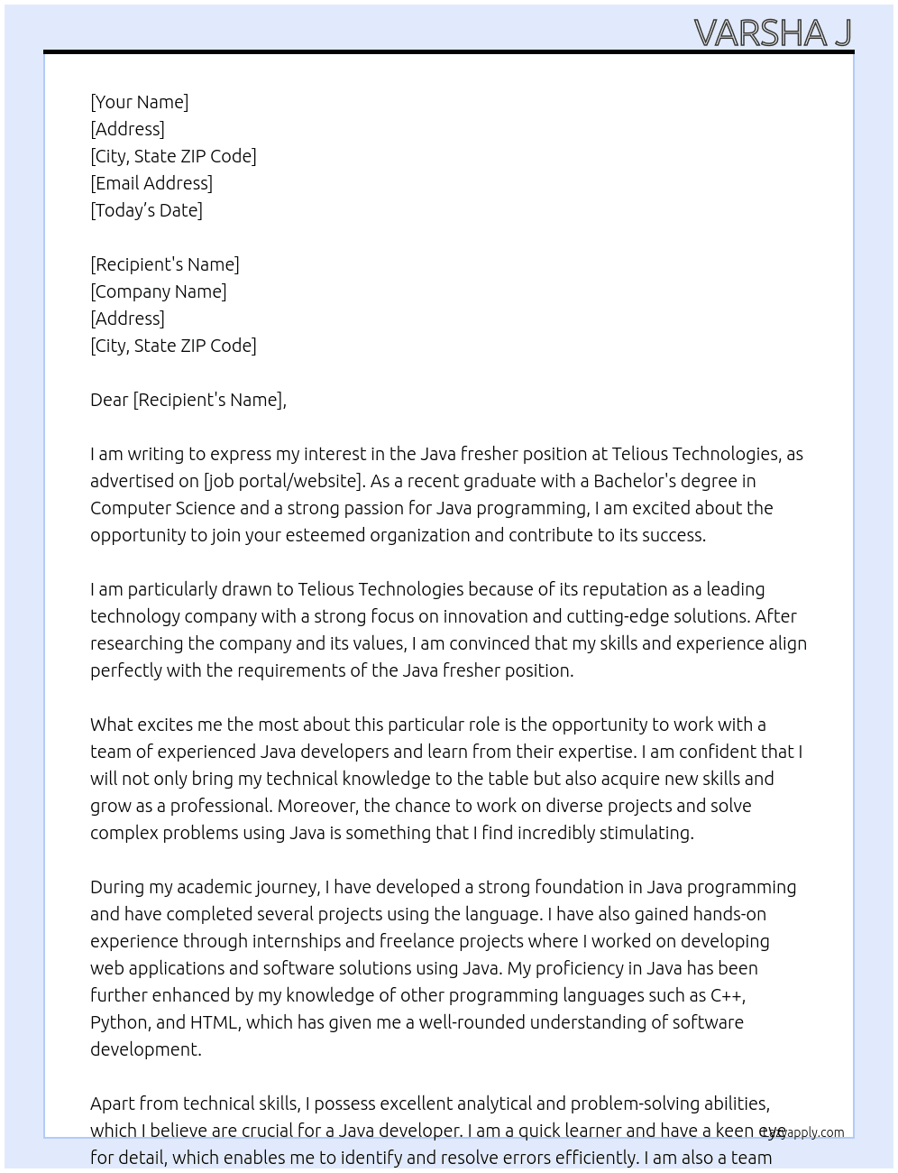 Java fresher  At Telious technologies  Cover Letter
