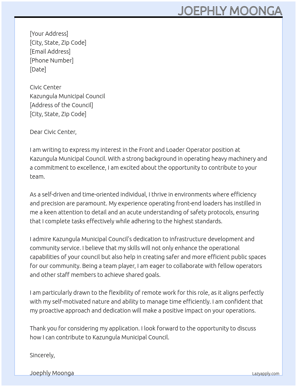 Cover letter for front and loader operator - LazyApply