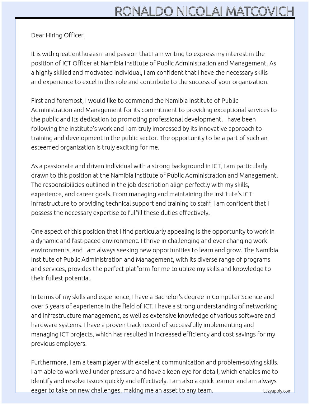 ICT OFFICER At Namibia Institute of Public Administration and Management Cover Letter