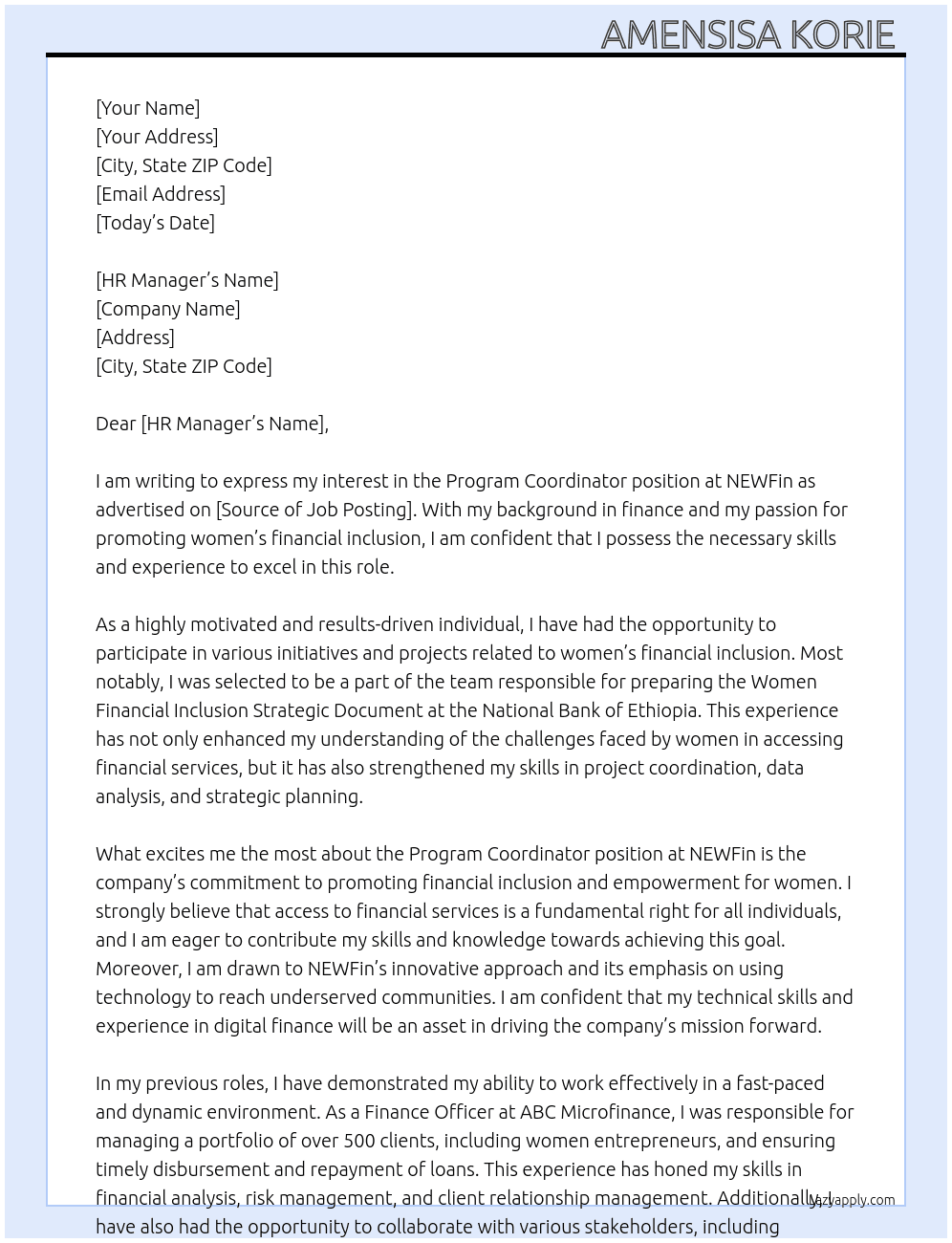 Program Coordinator At NEWFin Cover Letter