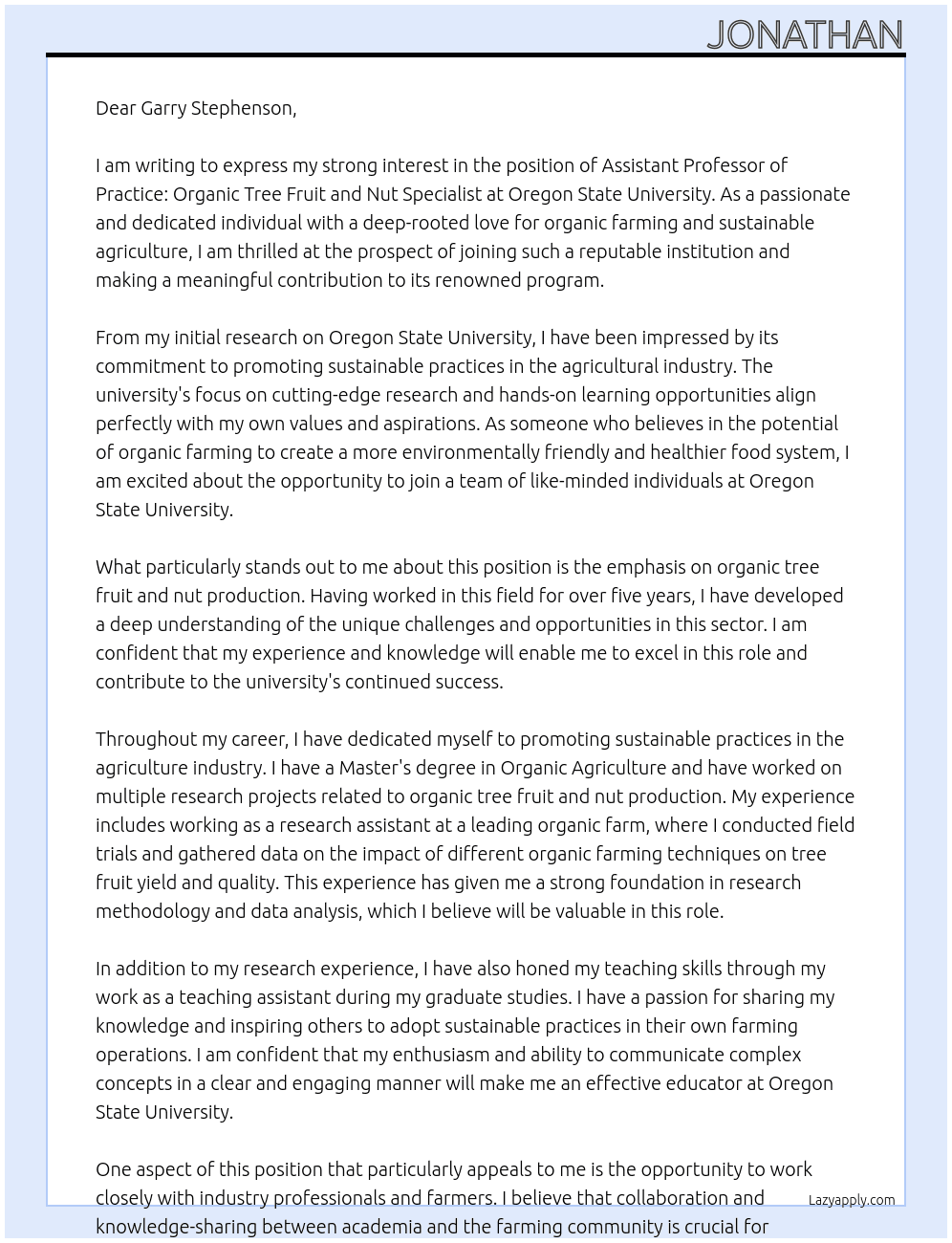 Assistant Professor of Practice: Organic Tree Fruit and Nut Specialist At Oregon State University Cover Letter