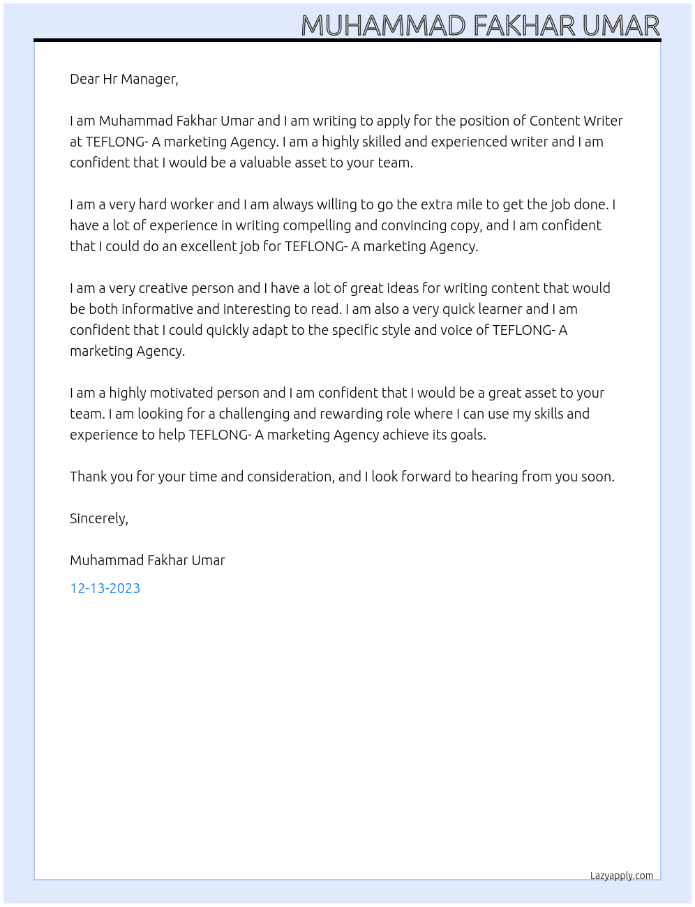 Content Writer At TEFLONG- A marketing Agency Cover Letter