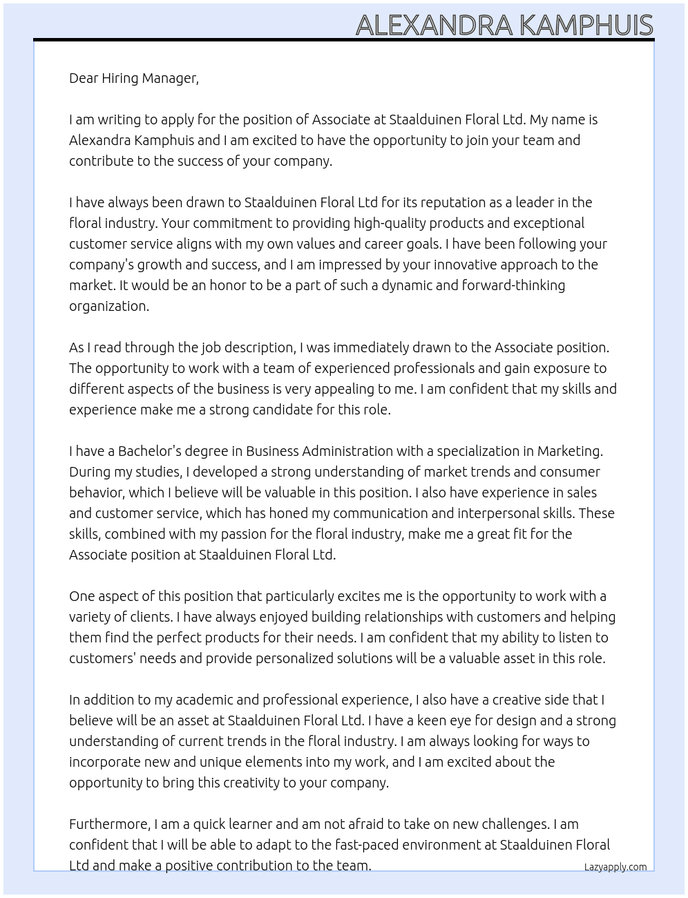 Associate At Staalduinen Floral Ltd Cover Letter