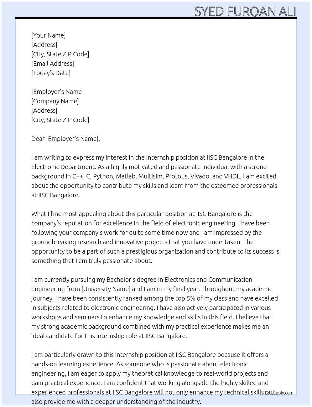 Internship  At IISC BANGALORE  Cover Letter