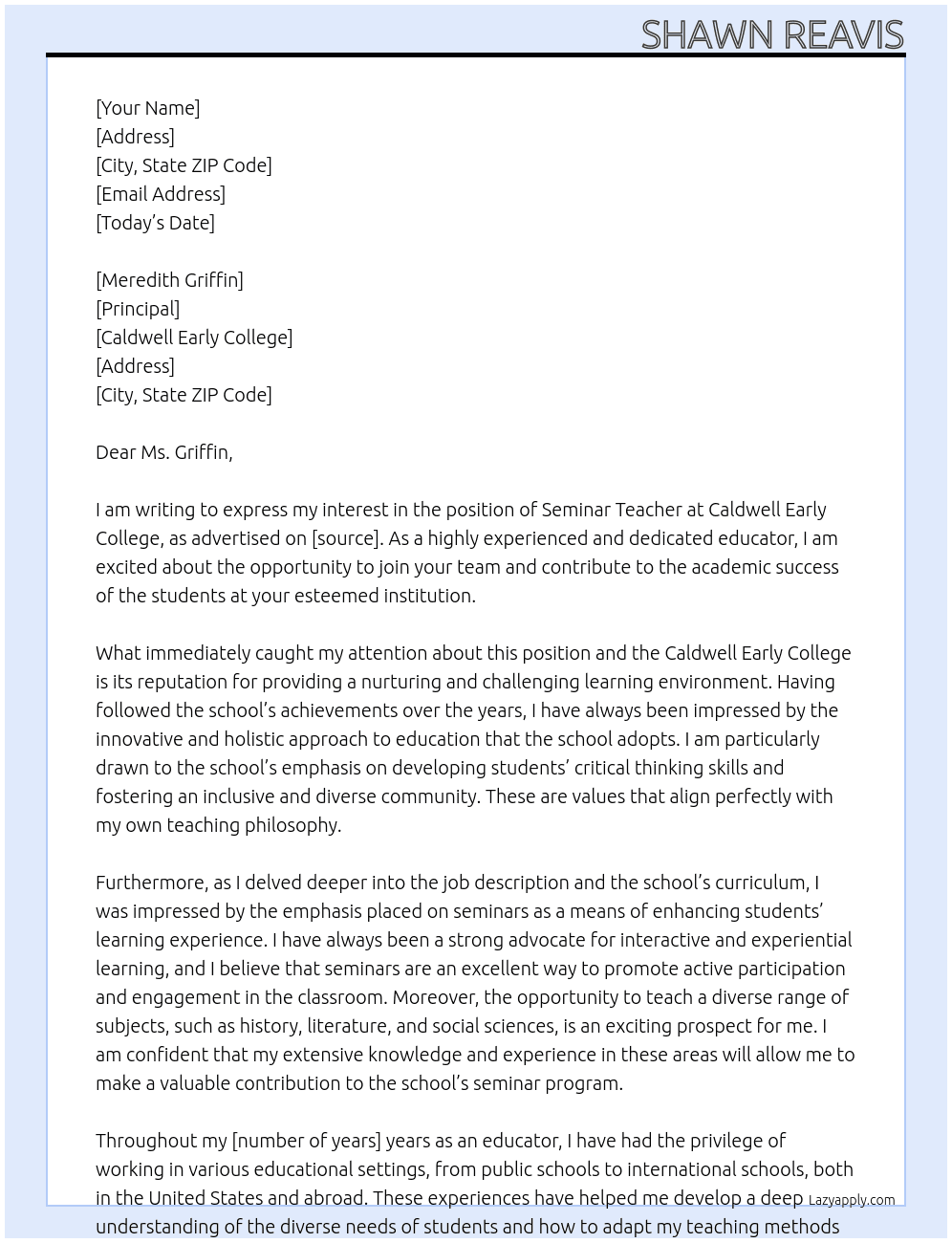 Seminar Teacher At Caldwell Early College  Cover Letter
