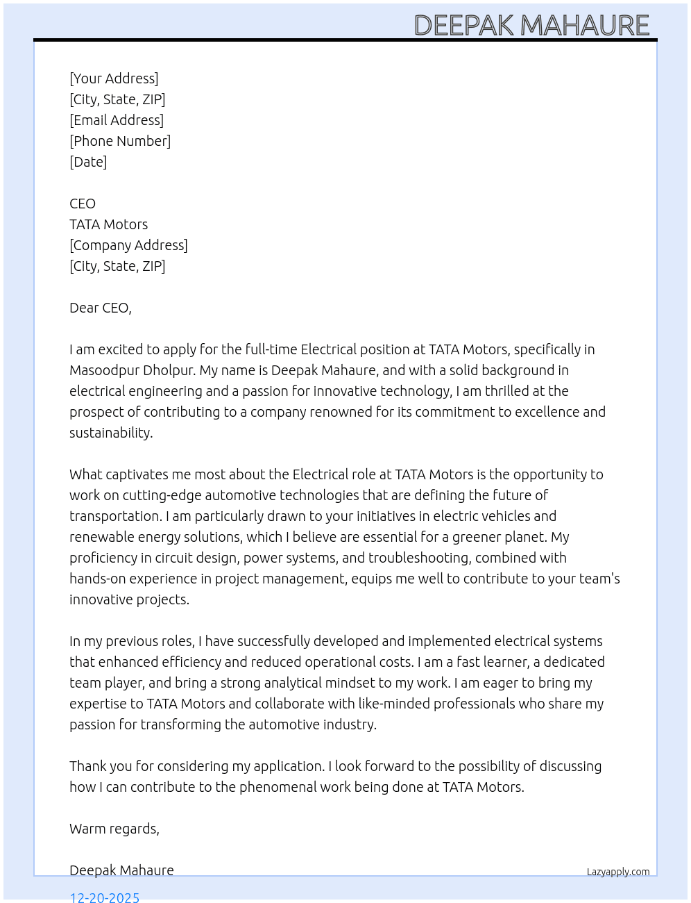 Electrical At TATA motors  Cover Letter