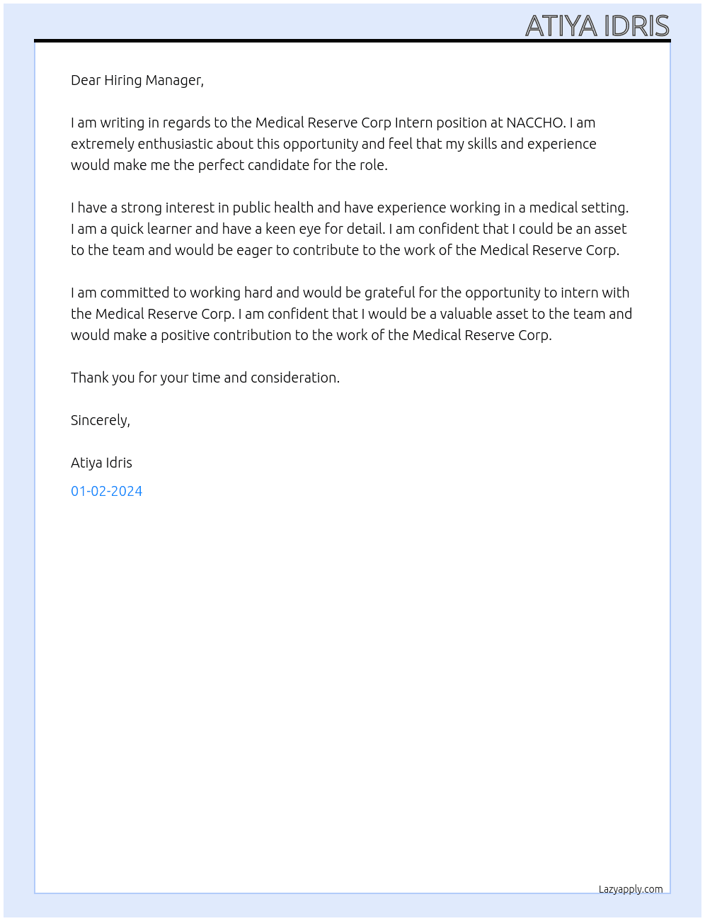 Medical Reserve Corp Intern At NACCHO Cover Letter