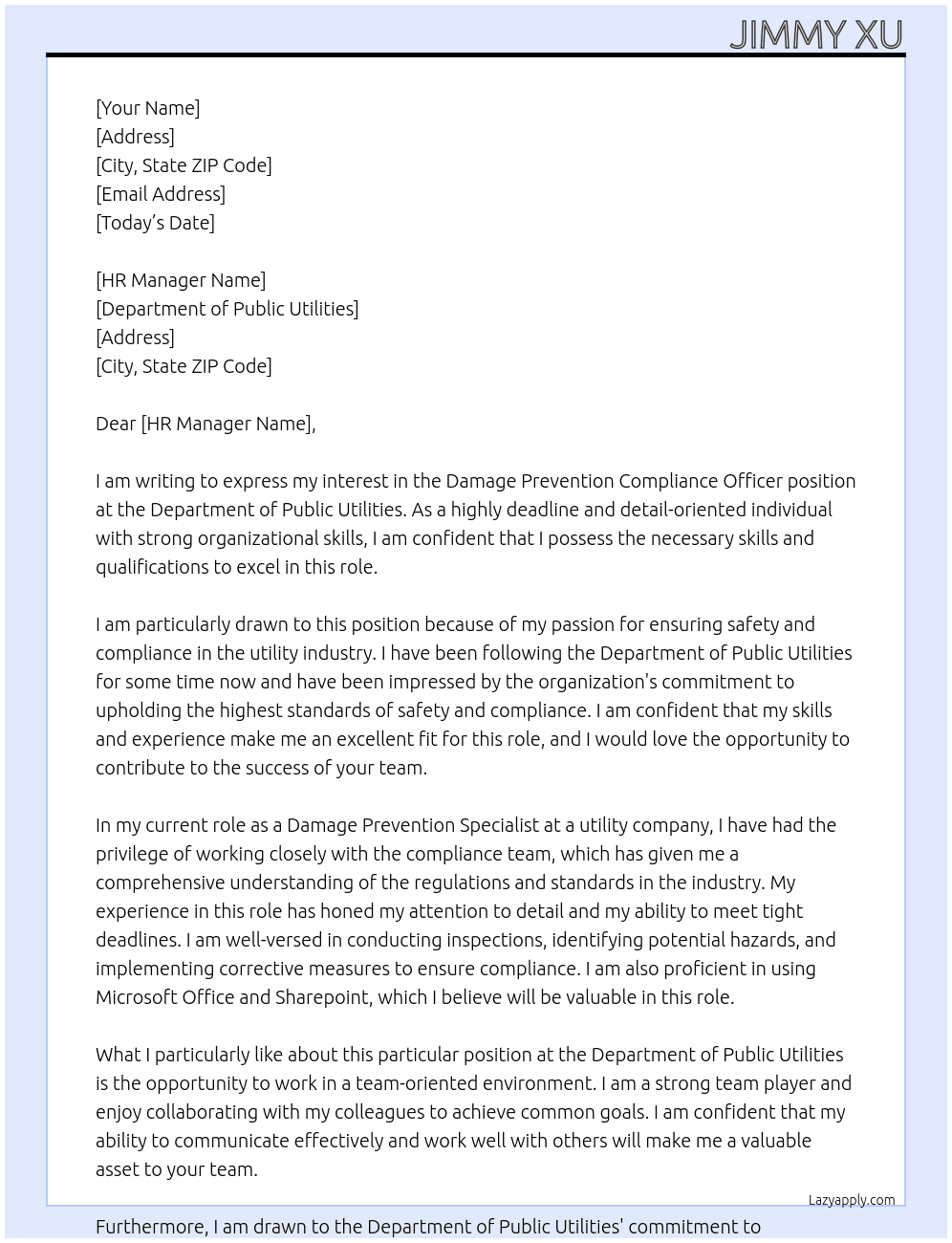 Damage Prevention Compliance Officer At Department of Public Utilities Cover Letter