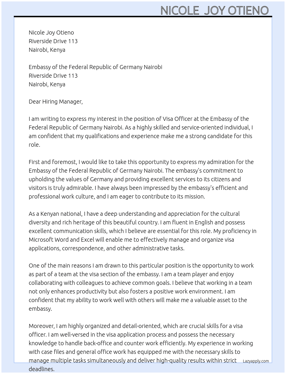 Visa Officer  At Embassy of the Federal Republic of Germany Nairobi Cover Letter