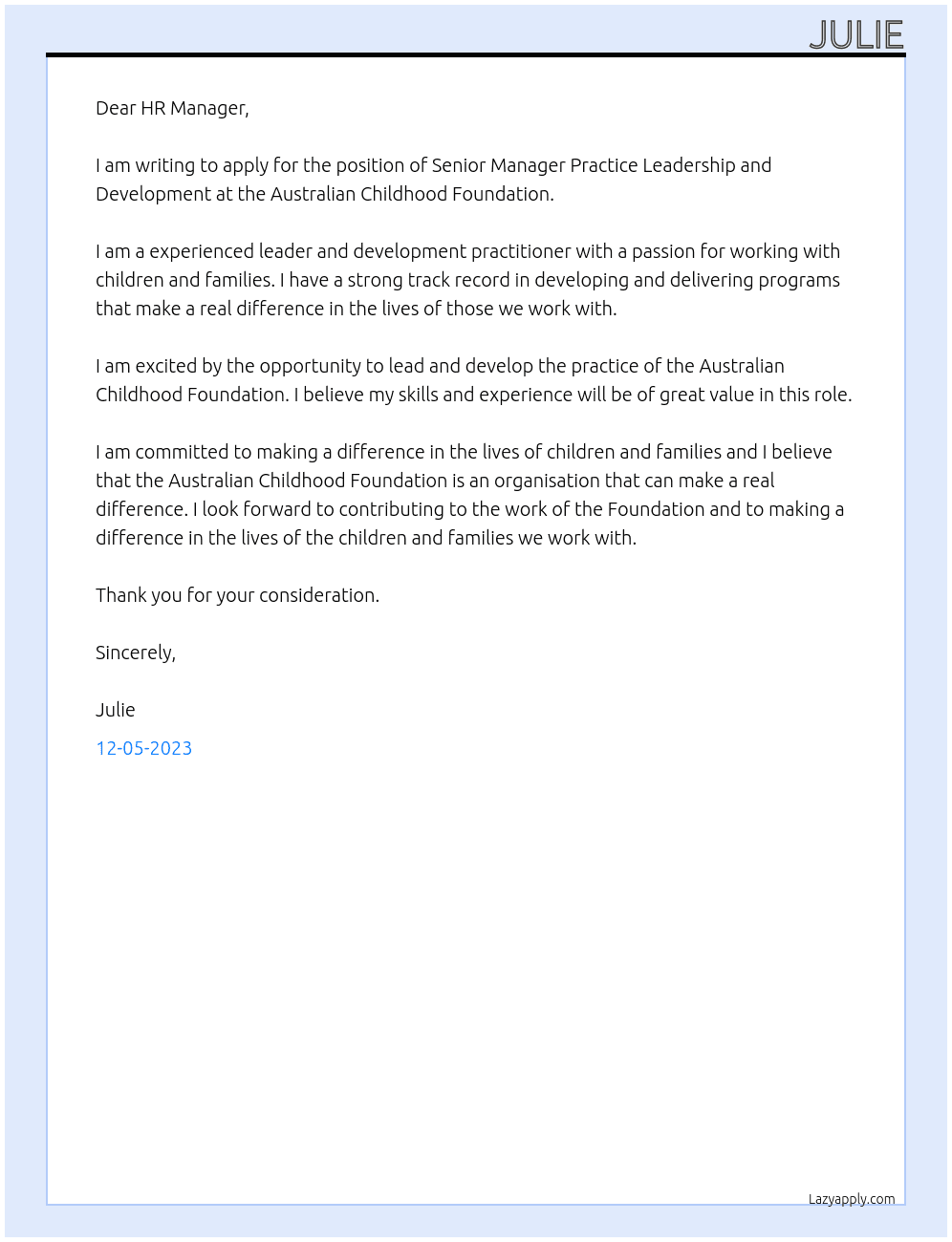 Senior Manager Practice Leadership and Development At Australian Childhood Foundation Cover Letter