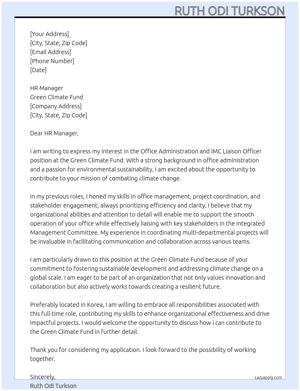 Office Administration and IMC Liaison Officer At Green Climate Fund Cover Letter