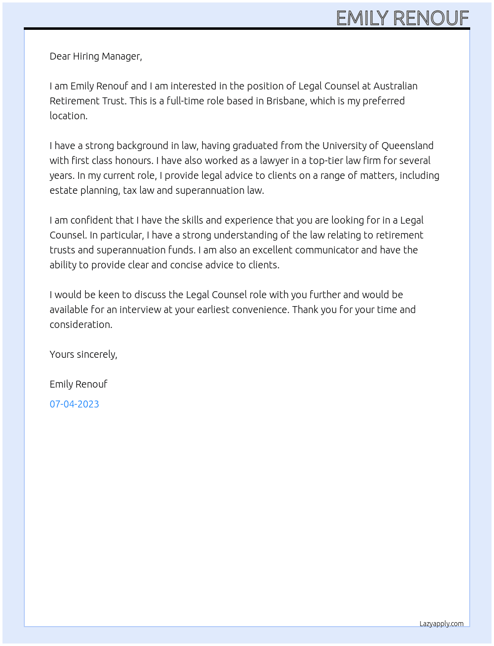 Legal Counsel At Australian Retirement Trust Cover Letter