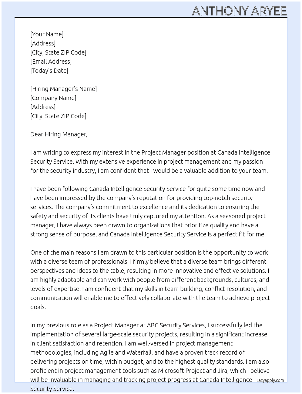 Project Manager At Canada Intelligence Security sERVICE Cover Letter